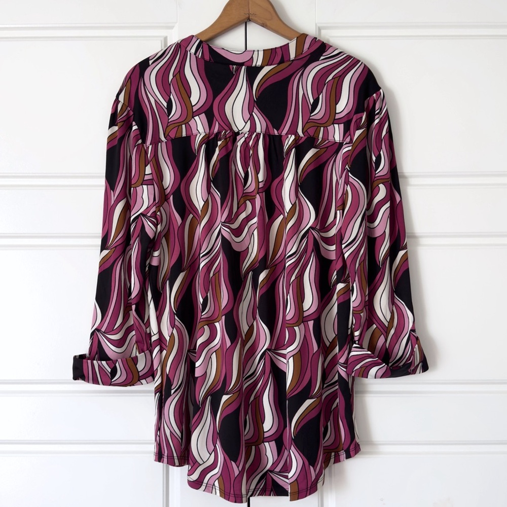 Cocomo Tunic Blouse Womens 1X Pink Black V Neck 3/4 Roll Tab Sleeve Swirl Hippie - Picture 6 of 11